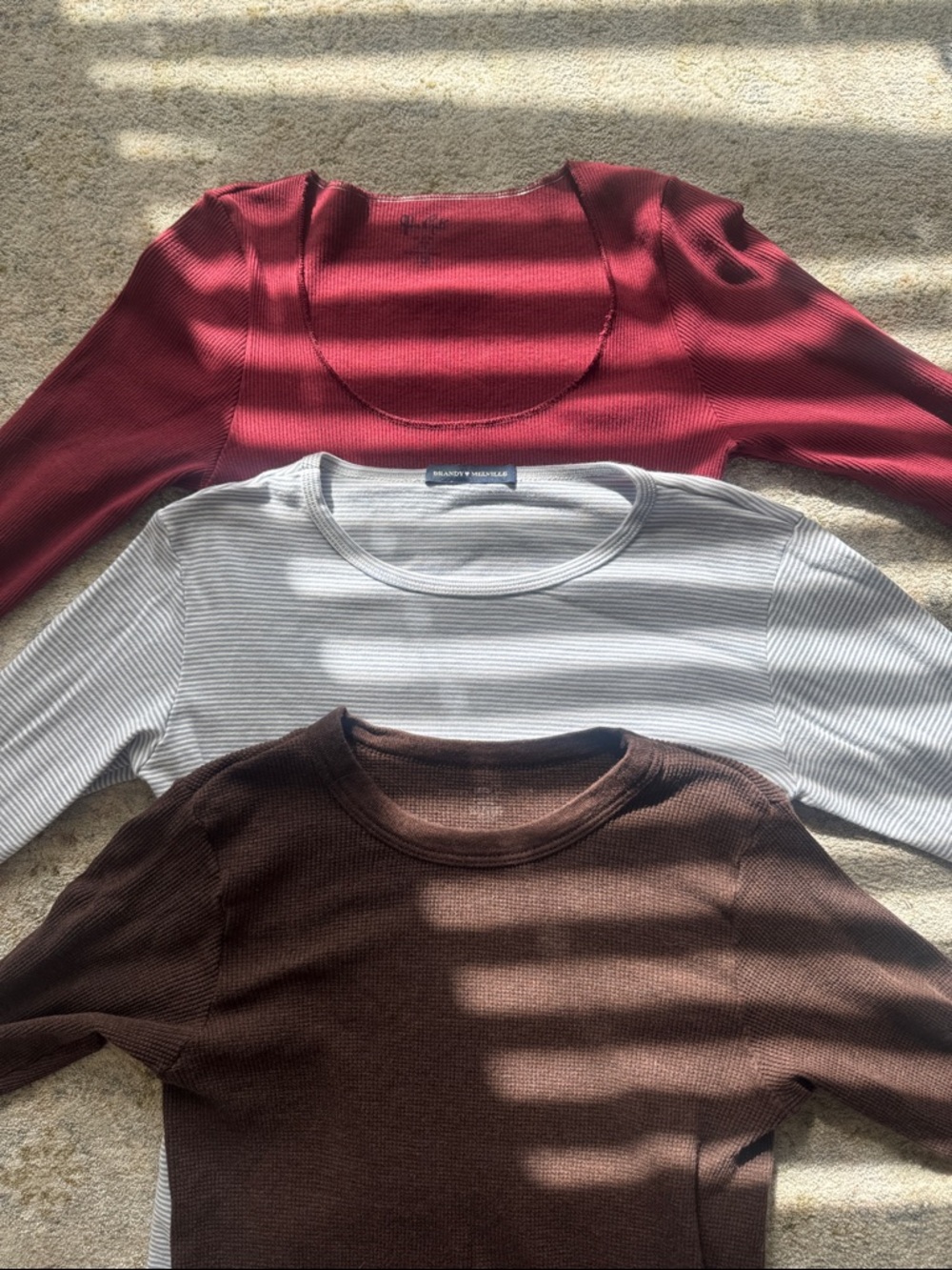 Brandy Melville Red, White, and Brown Scoop Neck Ribbed Tops (3-Pack)